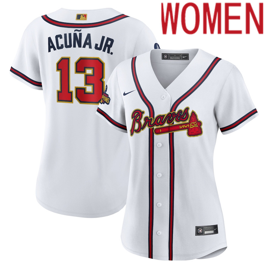Custom Women Atlanta Braves 13 Ronald Acuna Jr. Nike White 2022 Gold Program Replica Player MLB Jersey